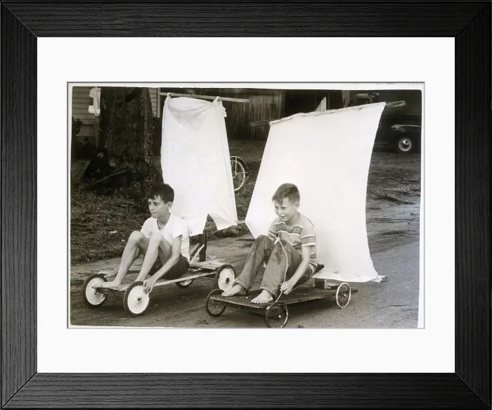 Framed Print : Boys Racing Their Sailmobiles on Street Framed Print : Boys Racing Their Sailmobiles on Street