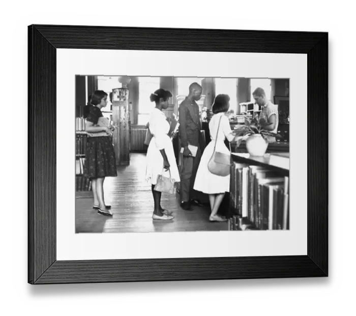 Framed Print : White and Black Students Stand in Line at the Public Library Framed Print : White and Black Students Stand in Line at the Public Library