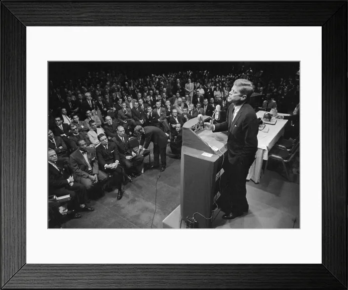 Framed Print : John F. Kennedy at Podium Speaking to Audience Framed Print : John F. Kennedy at Podium Speaking to Audience
