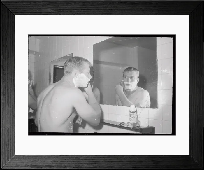 Framed Print : Mickey Mantle Standing in Front of Mirror Framed Print : Mickey Mantle Standing in Front of Mirror