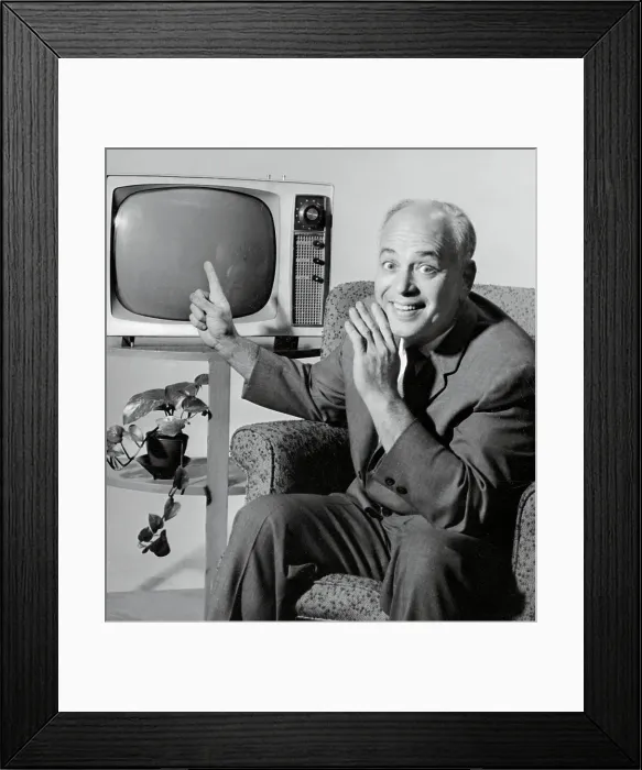 Framed Print : Allen Funt Pointing to a Television Framed Print : Allen Funt Pointing to a Television