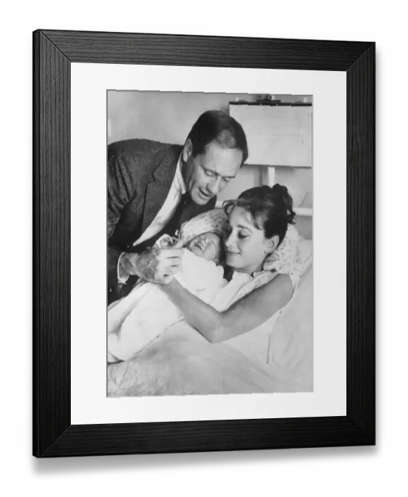 Framed Print : Mel Ferrer with Audrey Hepburn Holding Newborn Sean Framed Print : Mel Ferrer with Audrey Hepburn Holding Newborn Sean