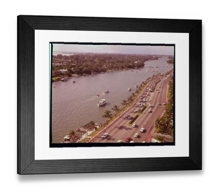 Framed Print : Travelers by Boats and Cars near Miami Hotel Site Framed Print : Travelers by Boats and Cars near Miami Hotel Site