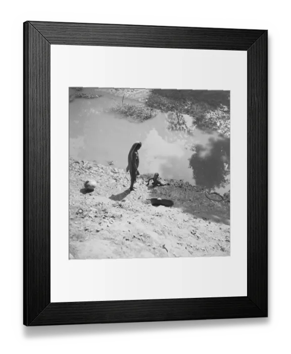 Framed Print : Woman Gathering Youngsters Playing on Edge of River Framed Print : Woman Gathering Youngsters Playing on Edge of River