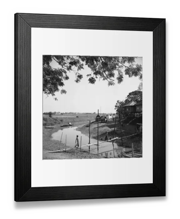 Framed Print : Villager Crossing Bridge over River's Stream Framed Print : Villager Crossing Bridge over River's Stream