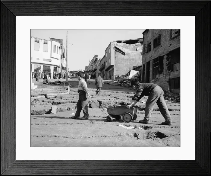 Framed Print : Boys Push Wagon Across Cracked Street Framed Print : Boys Push Wagon Across Cracked Street