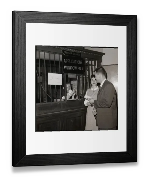 Framed Print : Fiances Pay Marriage License Fee at Window Framed Print : Fiances Pay Marriage License Fee at Window