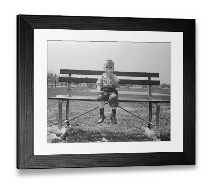 Framed Print : Boy Eating Ice Cream Cone Alone on Bench Framed Print : Boy Eating Ice Cream Cone Alone on Bench