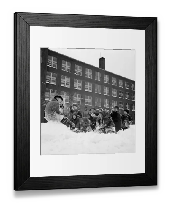 Framed Print : Children (8-9 years) Play in Snow Outside School. Woodside, Queens, New York City, New York State, USA. March 04, 1960 Framed Print : Children (8-9 years) Play in Snow Outside School. Woodside, Queens, New York City, New York State, USA. March 04, 1960
