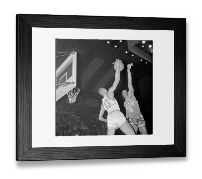 Framed Print : Bill Russell and Wilt Chamberlain battling at Basketball Net Framed Print : Bill Russell and Wilt Chamberlain battling at Basketball Net