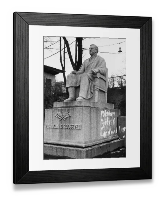 Framed Print : Anti-Semitic Slogan on Roosevelt Statue Framed Print : Anti-Semitic Slogan on Roosevelt Statue