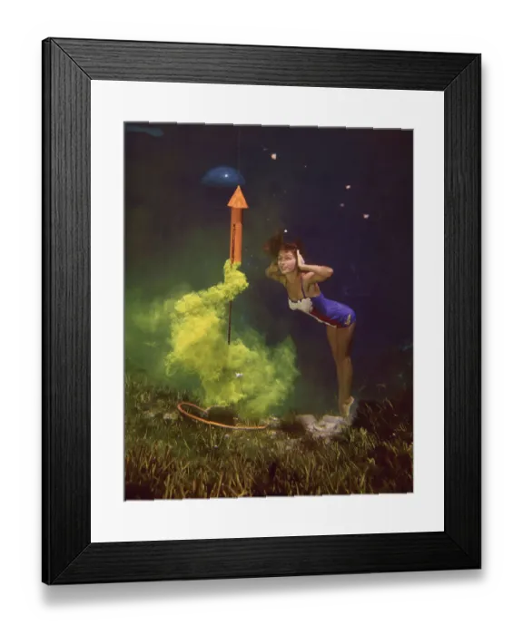 Framed Print : Young Woman Underneath Water with Flaring Rocket Framed Print : Young Woman Underneath Water with Flaring Rocket
