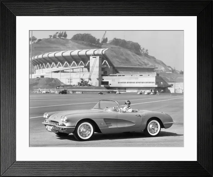 Framed Print : Woman in Corvette by Candlestick Park