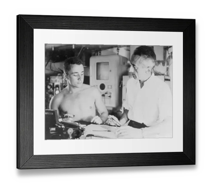 Framed Print : Sea Explorer Jacques Cousteau and Crew Member Making Plans Framed Print : Sea Explorer Jacques Cousteau and Crew Member Making Plans