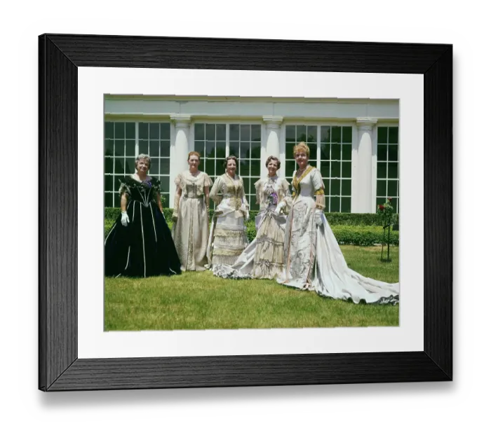 Framed Print : Women Modeling Gowns on Lawn Framed Print : Women Modeling Gowns on Lawn