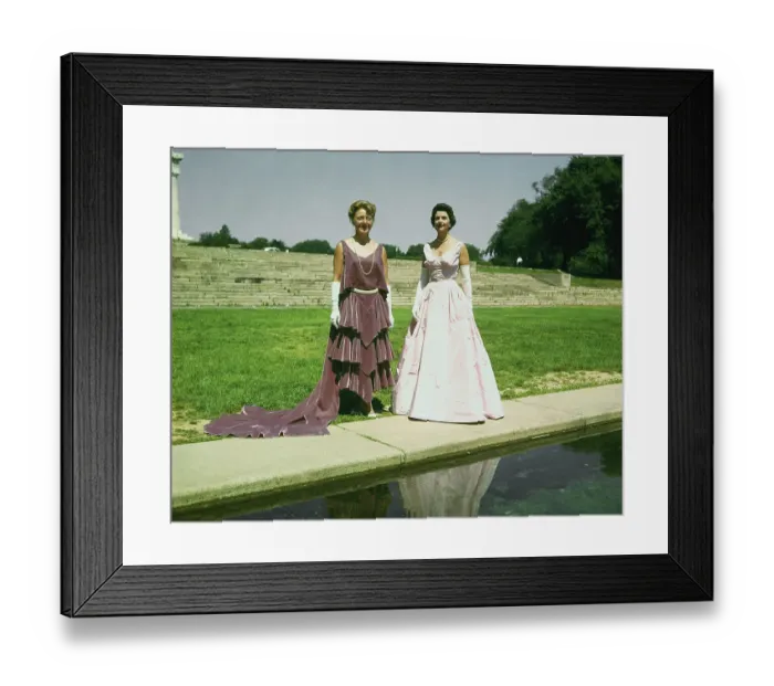 Framed Print : Women Modeling Gowns on Lawn Framed Print : Women Modeling Gowns on Lawn
