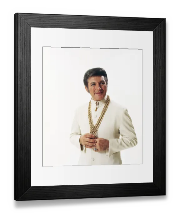 Framed Print : World Famous Liberace Posing in White on White Set Framed Print : World Famous Liberace Posing in White on White Set