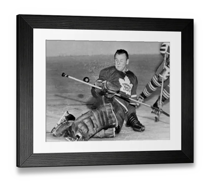 Framed Print : Johnny Bower Grimacing on Odd Puck Action Framed Print : Johnny Bower Grimacing on Odd Puck Action