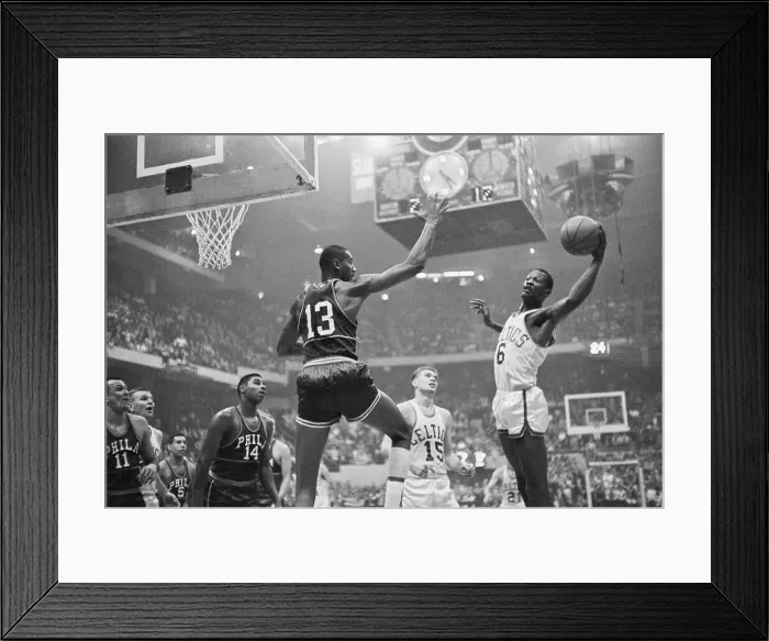Framed Print : Wilt Chamberlain Blocks Bill Russell Framed Print : Wilt Chamberlain Blocks Bill Russell