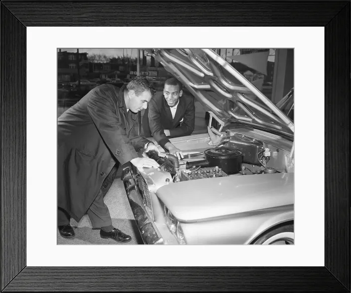 Framed Print : Ernie Banks Showing Car to Customer Framed Print : Ernie Banks Showing Car to Customer