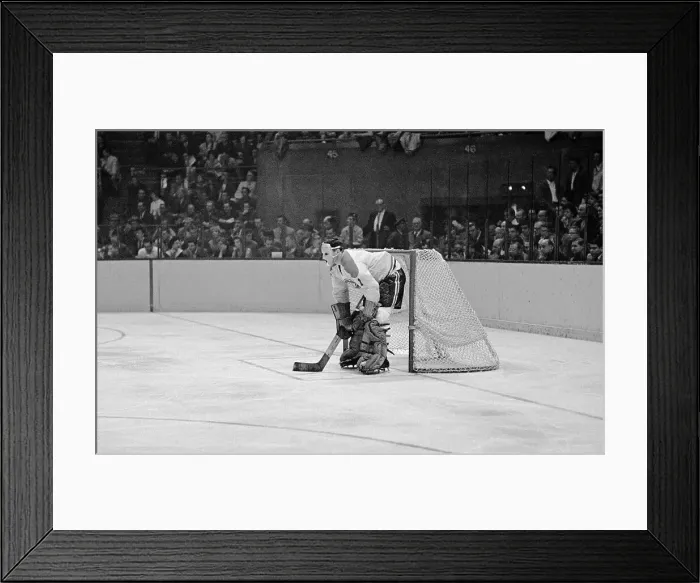 Framed Print : Jacques Plante in Position at Hockey Net Framed Print : Jacques Plante in Position at Hockey Net
