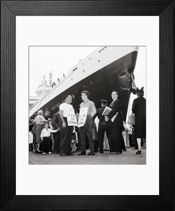 Framed Print : Longshoremen Strike Before Ship on Dock Framed Print : Longshoremen Strike Before Ship on Dock