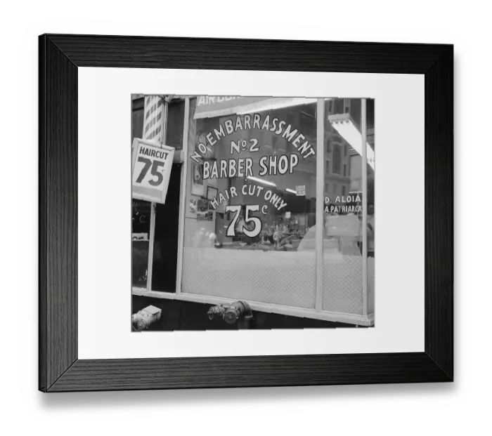 Framed Print : Exterior of Barber Shop with Signs Framed Print : Exterior of Barber Shop with Signs