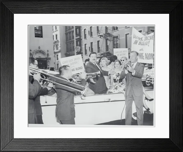 Framed Print : Announcer with Comedian Jackie Gleason and Cast Leaving for Station