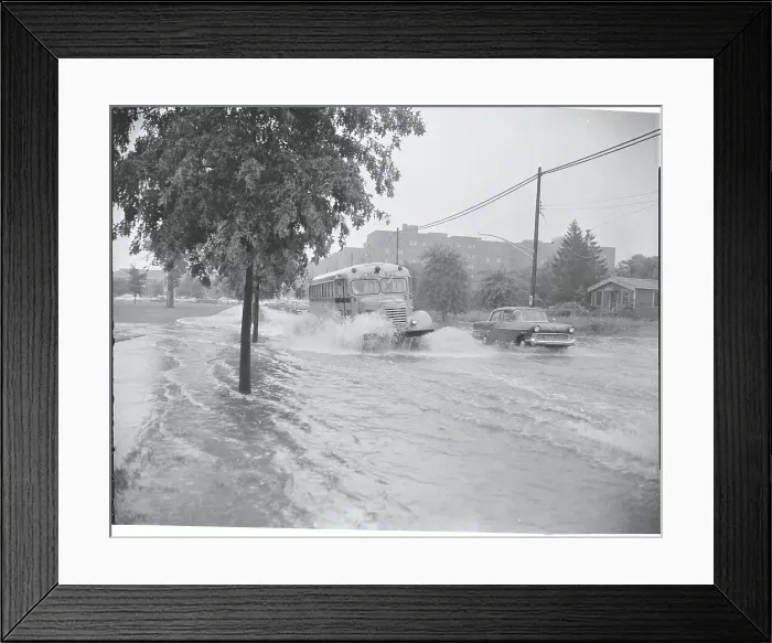 Framed Print : Bus and Car Driving Through Flooded Street Framed Print : Bus and Car Driving Through Flooded Street