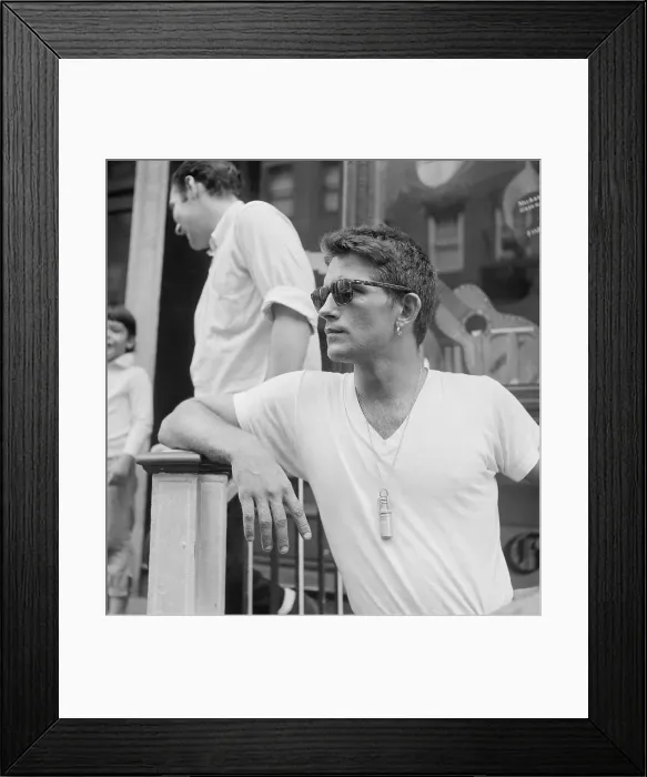 Framed Print : Young Man Leaning on Railing at Gaslight Coffee Shop Framed Print : Young Man Leaning on Railing at Gaslight Coffee Shop