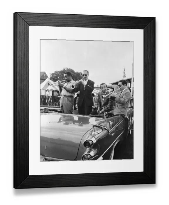 Framed Print : Jazz Musicians Play in Automobile Framed Print : Jazz Musicians Play in Automobile
