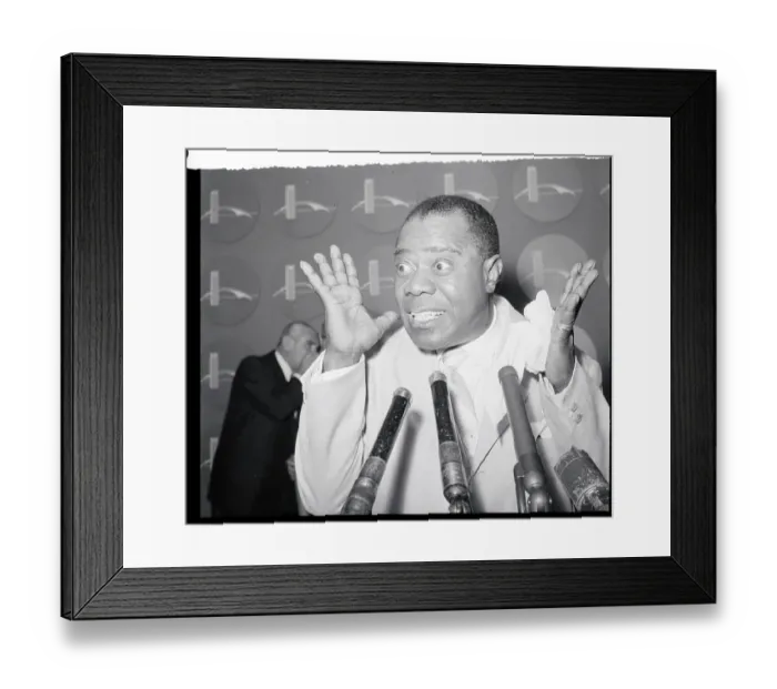 Framed Print : Louis Armstrong Gestures Behind Microphone Framed Print : Louis Armstrong Gestures Behind Microphone