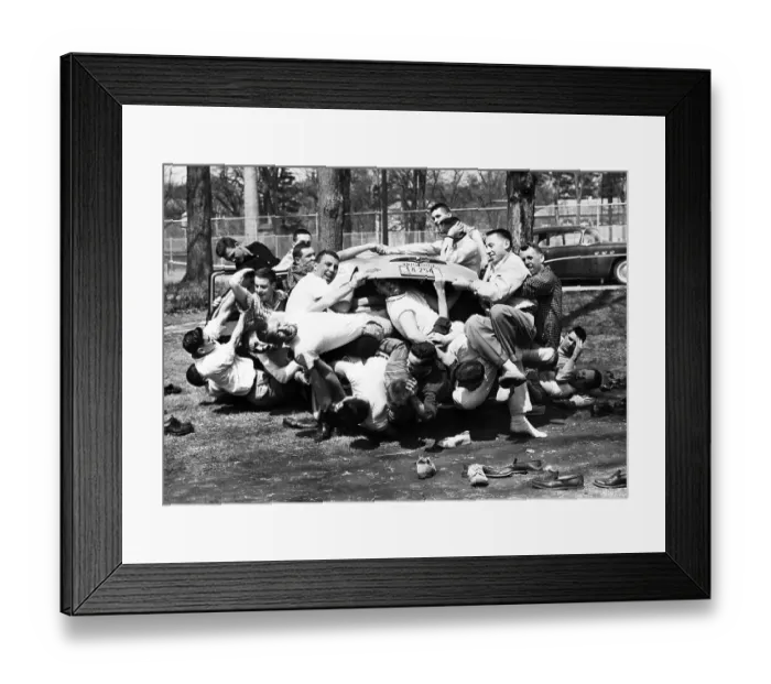 Framed Print : Frat Members Crowd Into Car Framed Print : Frat Members Crowd Into Car