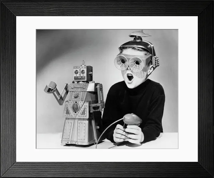 Framed Print : Boy with Robert the Robot Framed Print : Boy with Robert the Robot