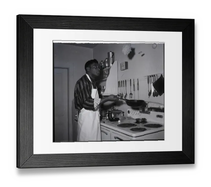 Framed Print : Floyd Patterson Flips Pancake in Kitchen Framed Print : Floyd Patterson Flips Pancake in Kitchen