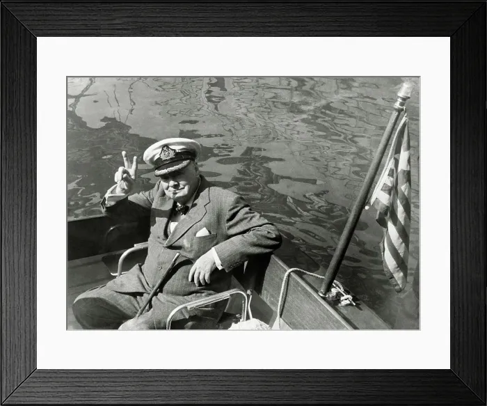 Framed Print : Winston Churchill in a Boat Giving Victory Sign Framed Print : Winston Churchill in a Boat Giving Victory Sign