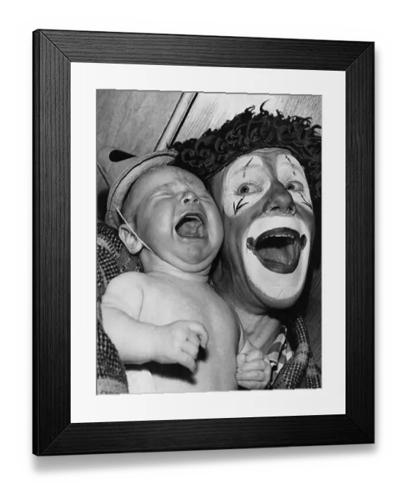 Framed Print : Professional Clown Whimsical Walker with His Infant Son Philip Framed Print : Professional Clown Whimsical Walker with His Infant Son Philip