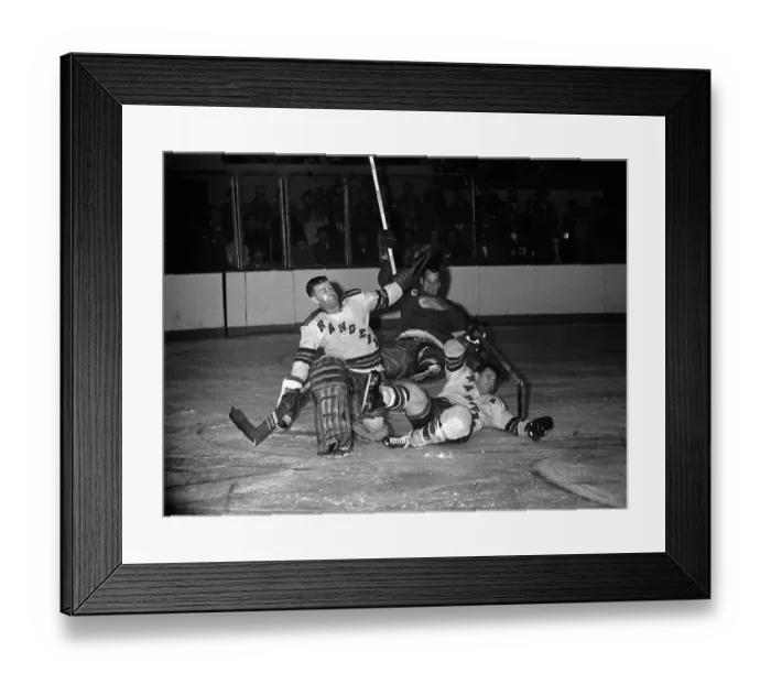 Framed Print : Hockey Players in Pile-up With Goalie Framed Print : Hockey Players in Pile-up With Goalie