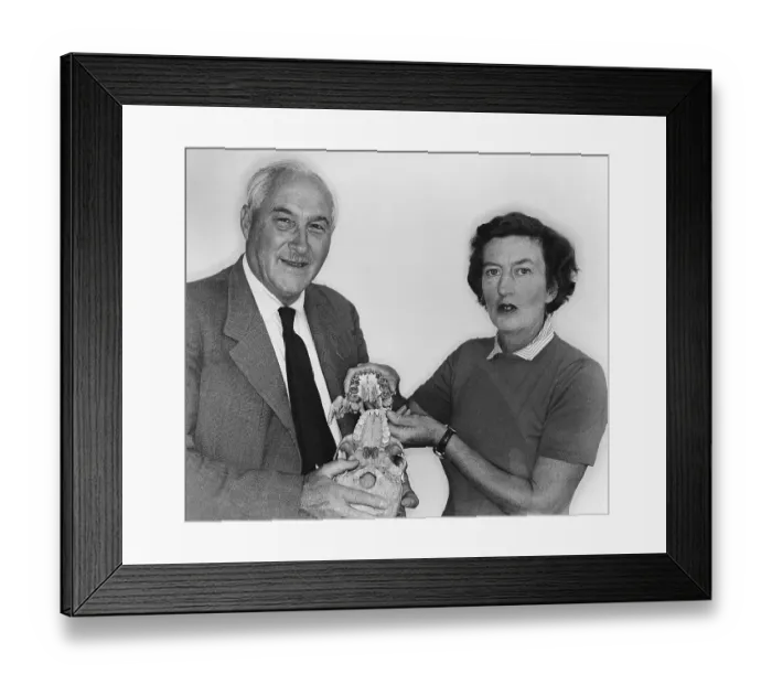 Framed Print : Dr. Louis Leakey and His Wife Mary Holding a Skull Framed Print : Dr. Louis Leakey and His Wife Mary Holding a Skull