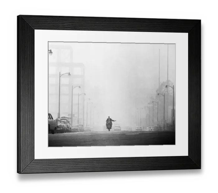 Framed Print : Motorcyclist Surrounded by Smog