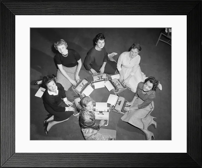 Framed Print : Young Women Sitting on Floor with Typewriters, New York City, New York State, USA. October 30, 1958 Framed Print : Young Women Sitting on Floor with Typewriters, New York City, New York State, USA. October 30, 1958