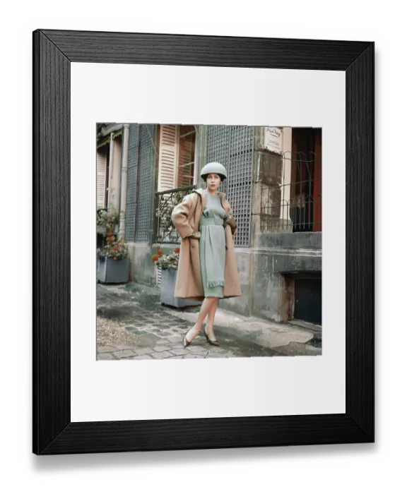 Framed Print : Model Posing in Dress and Wool Coat Framed Print : Model Posing in Dress and Wool Coat