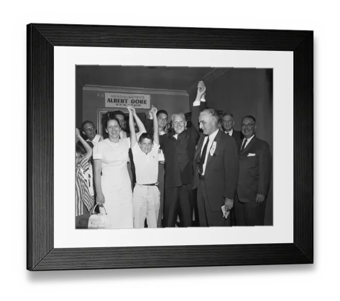 Framed Print : Senator Albert Gore with Wife and Son in Victory Pose Framed Print : Senator Albert Gore with Wife and Son in Victory Pose