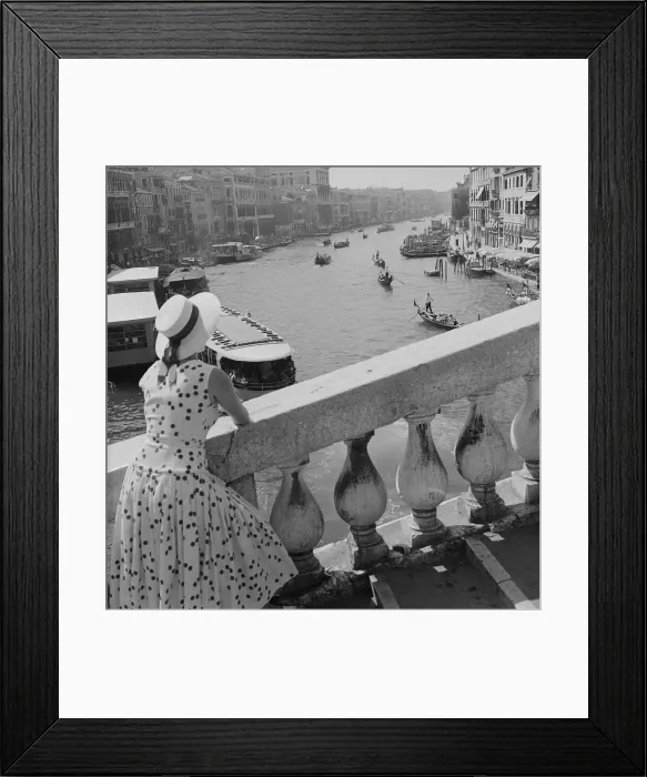 Framed Print : Woman Gazing from Bridge at Gondolas in Canal Framed Print : Woman Gazing from Bridge at Gondolas in Canal