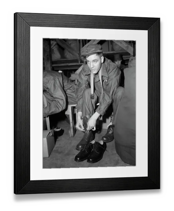 Framed Print : Elvis Presley in Uniform Tying Shoes Framed Print : Elvis Presley in Uniform Tying Shoes