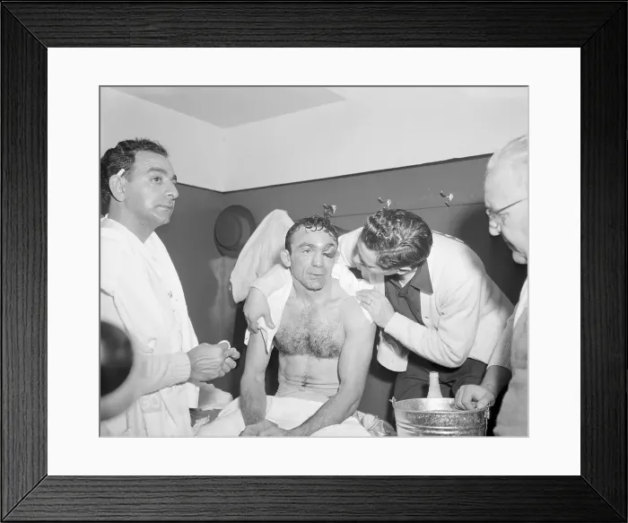 Framed Print : Carmen Basilio Being Consoled by Manager After Loss Framed Print : Carmen Basilio Being Consoled by Manager After Loss