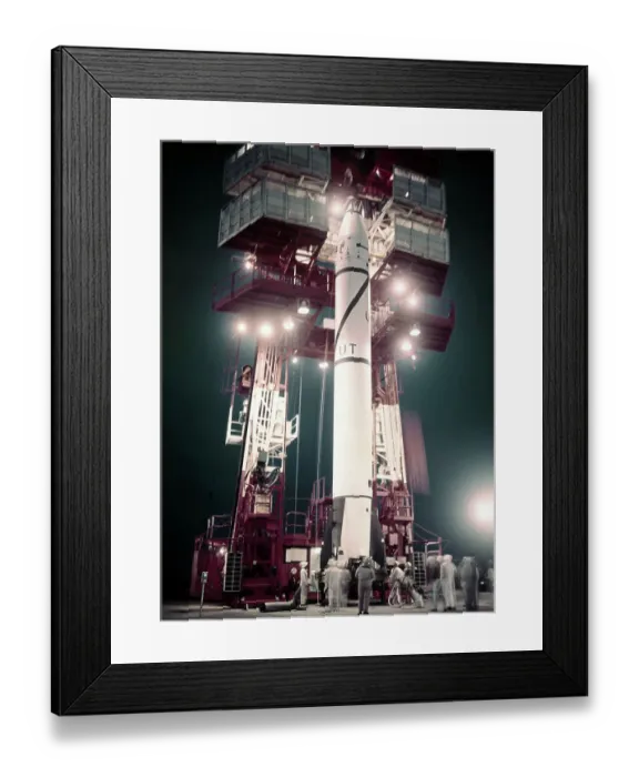 Framed Print : Men Observing Rocket Raised for Takeoff Framed Print : Men Observing Rocket Raised for Takeoff