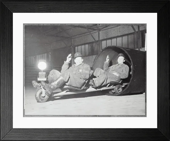 Framed Print : Pipe Inspectors Riding on Special Vehicle Framed Print : Pipe Inspectors Riding on Special Vehicle