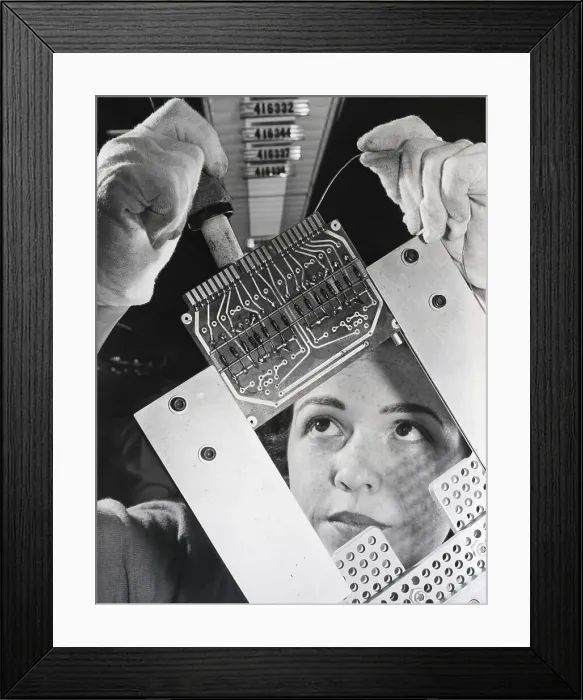 Framed Print : Woman Seen Through Circuitboard Working Framed Print : Woman Seen Through Circuitboard Working