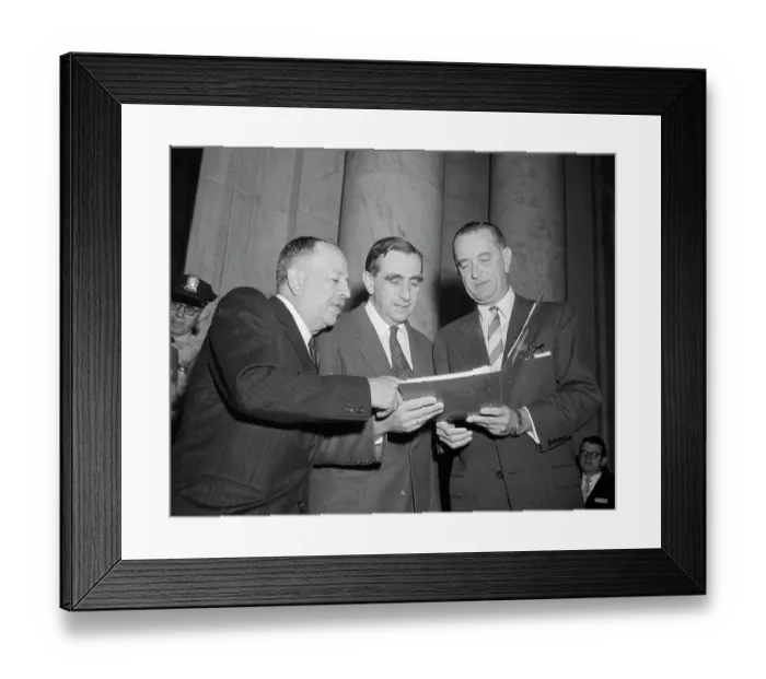 Framed Print : Edward Teller Examining Document with Lyndon B. Johnson and Colleague Framed Print : Edward Teller Examining Document with Lyndon B. Johnson and Colleague